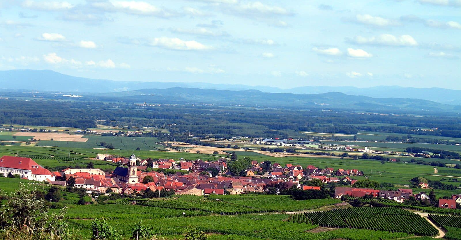 The village of Saint-Hippolyte among vineyards with the Vosges mountains beyond, Alsace
