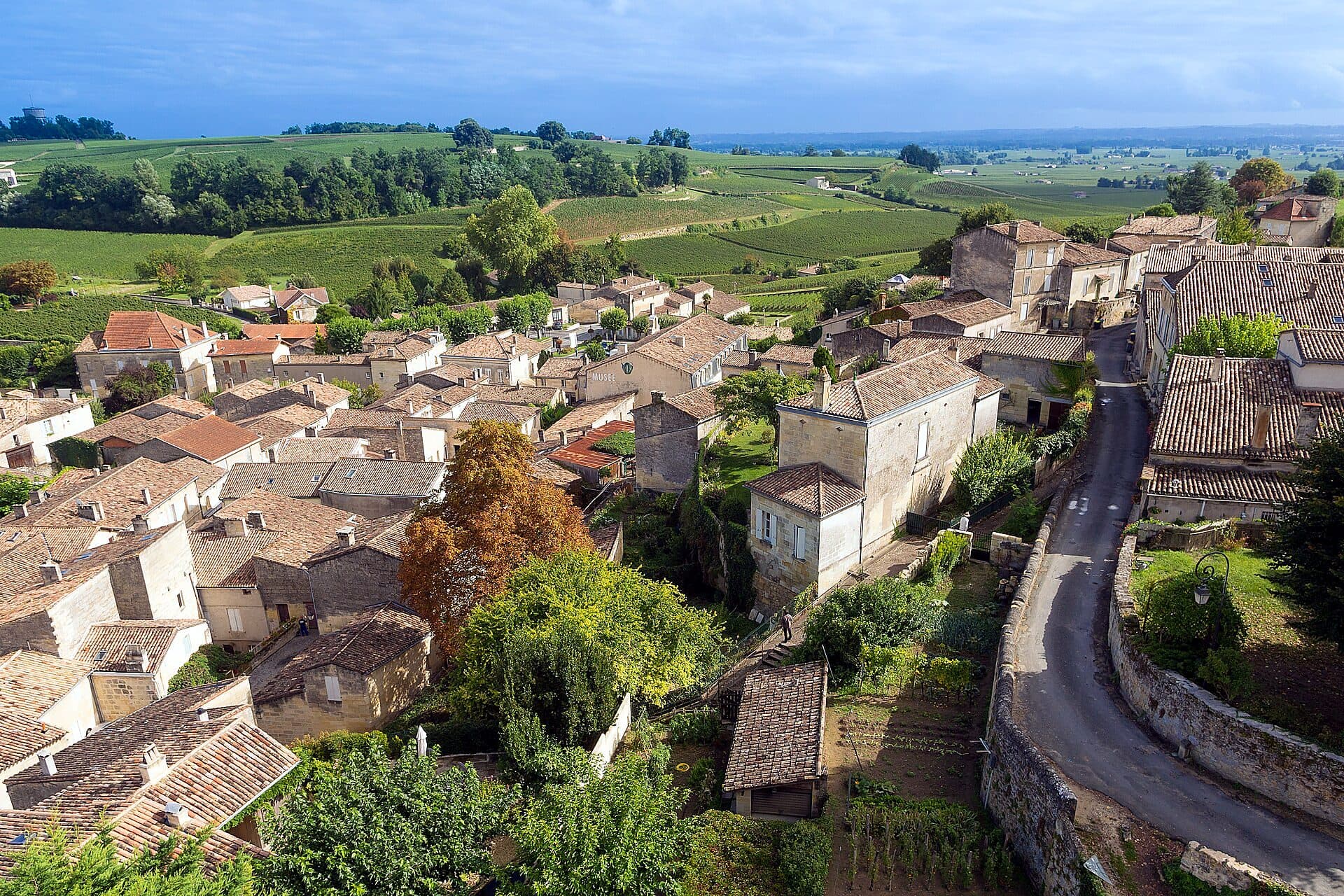 The medieval hilltop town of Saint-Émilion rising above its surrounding vineyards in Bordeaux